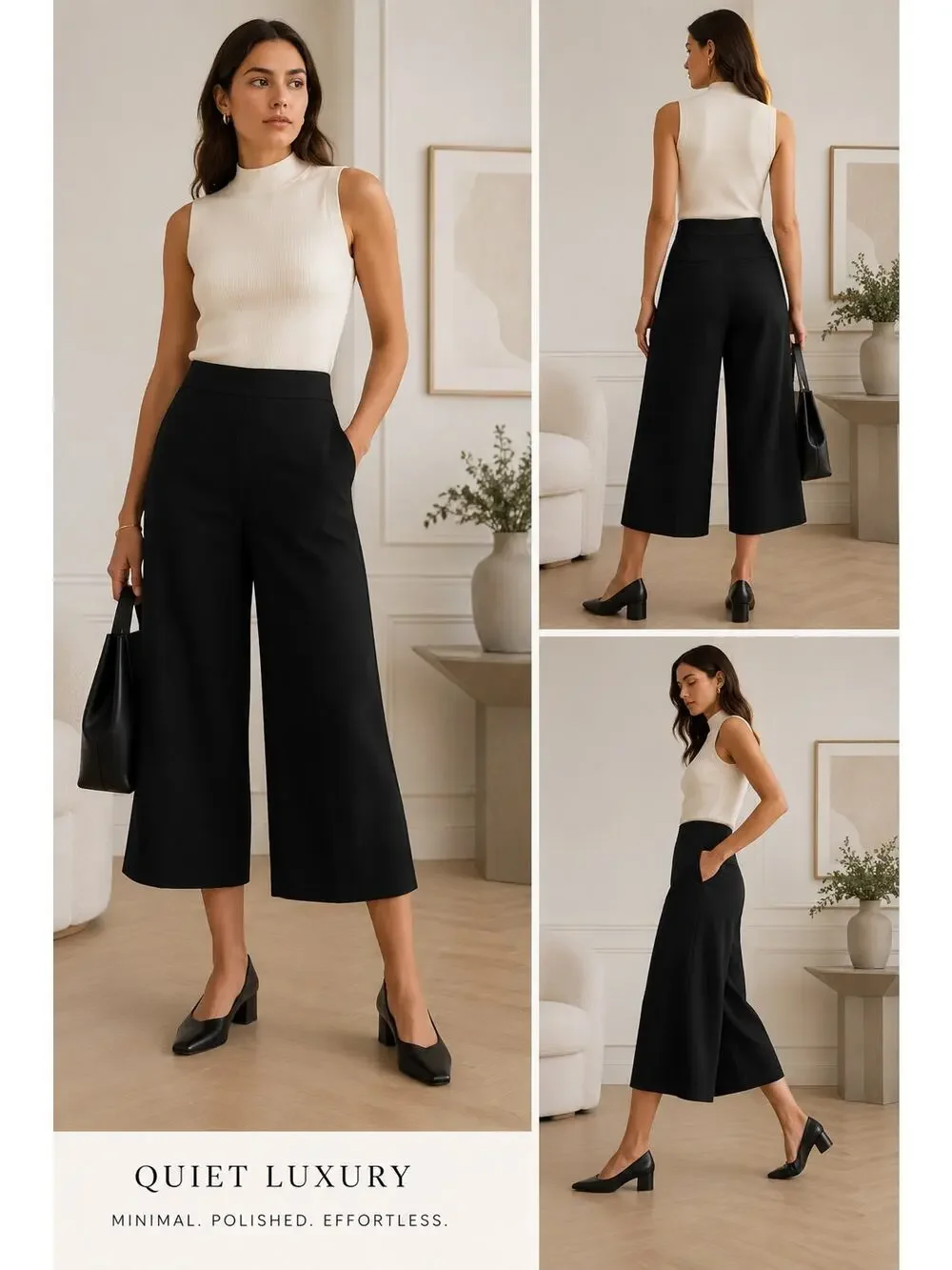 M.M.LaFleur Black Wide Leg Crop Pants Culottes Japanese Triacetate Minimalist 6 - Picture 1 of 12